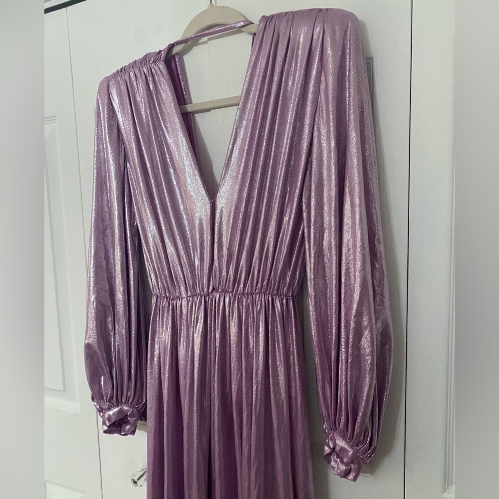 BRONX and BANCO Lavender Metallic Shimmer Long Sleeve Maxi Dress Gown Slit 2 - Picture 4 of 11